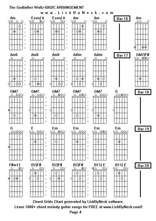 Chord Grids Chart of chord melody fingerstyle guitar song-The Godfather Waltz-BASIC ARRANGEMENT,generated by LickByNeck software.